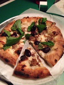 White pie:  olive oil, garlic, mozzarella.  Plus basil, olives and fennel sausage.  Delicious!